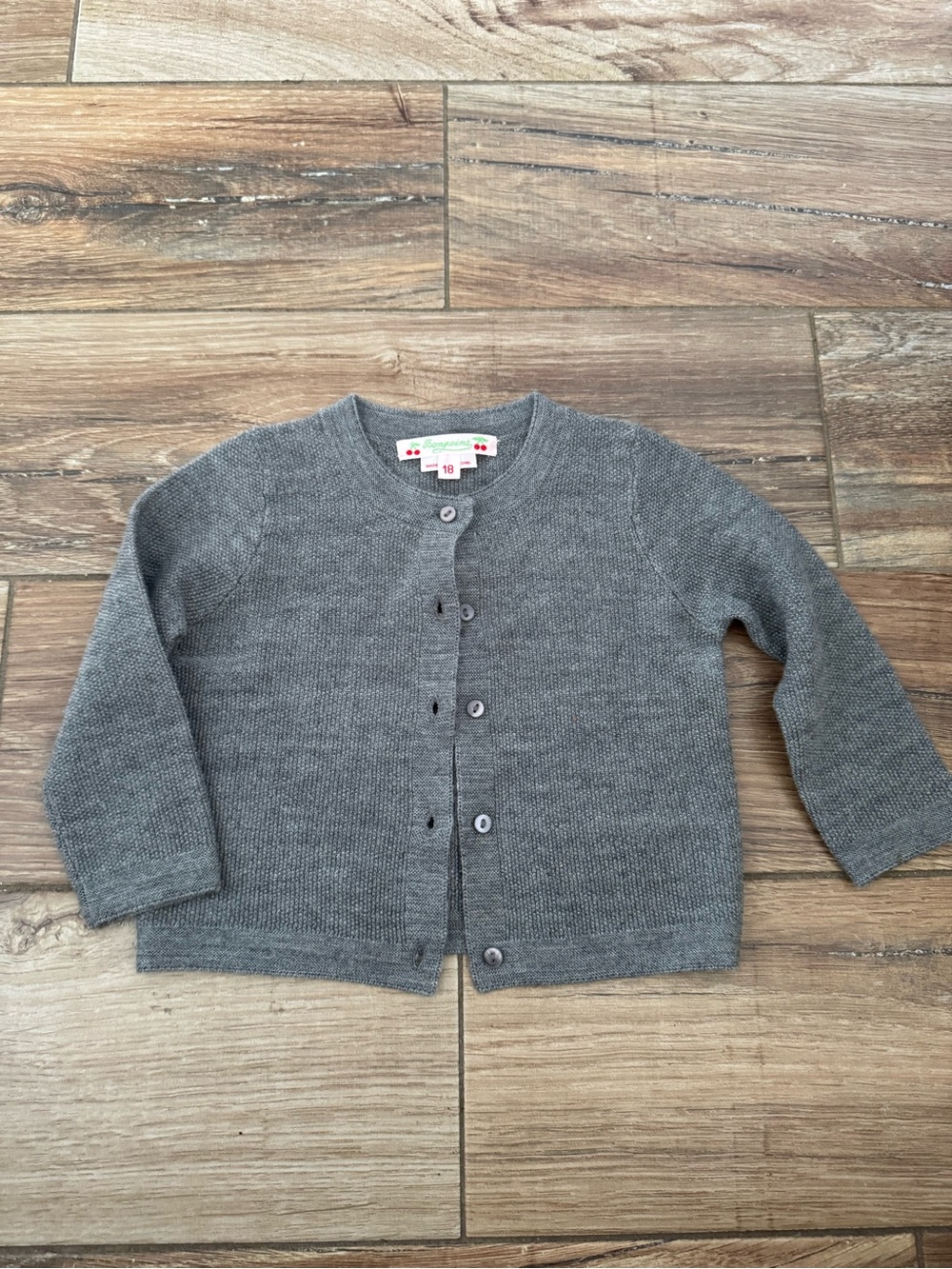 Bonpoint Gray Knit Button-Front Cardigan 100% wool 18 months